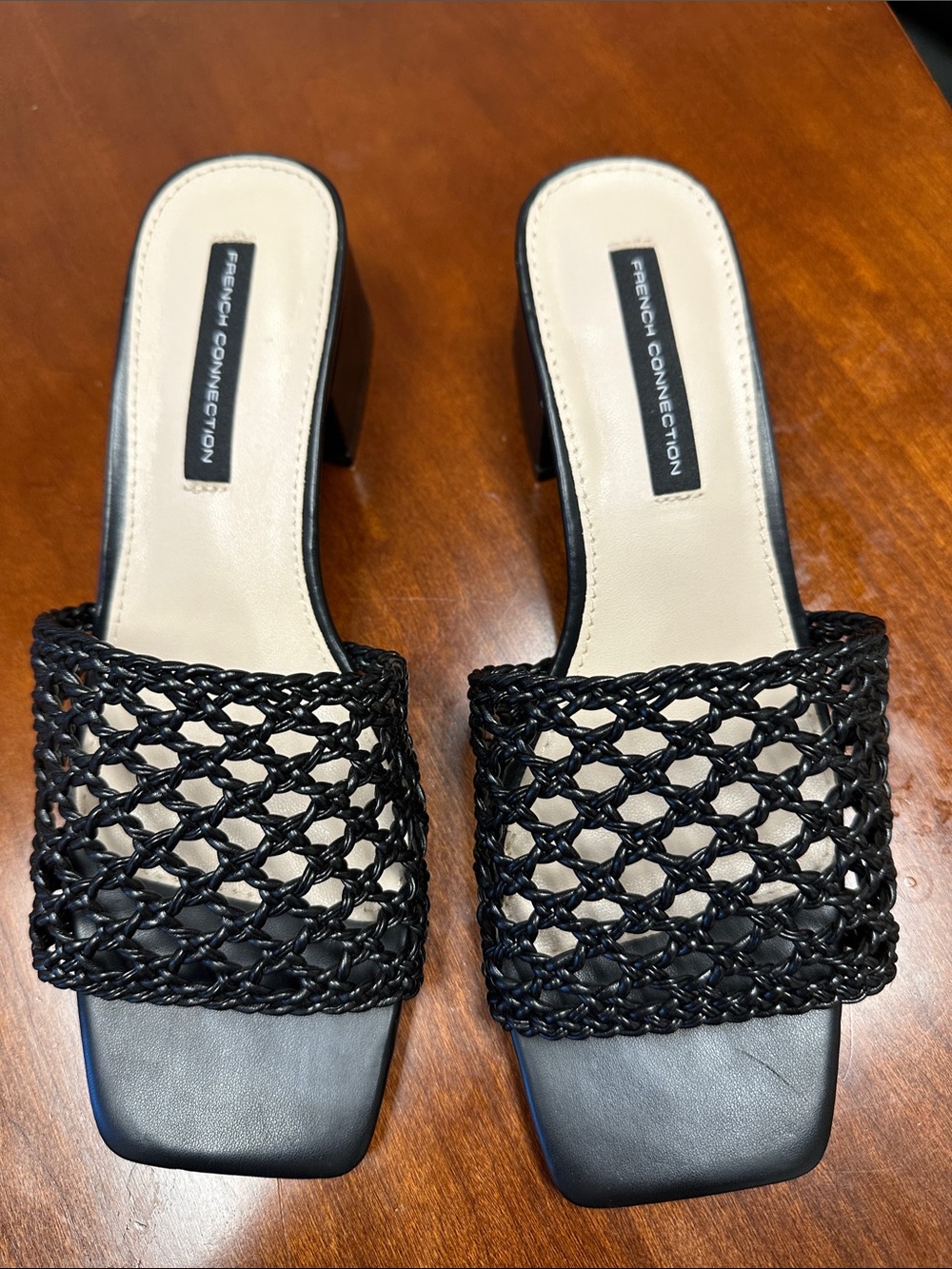 French Connection Black Woven Slide Mules